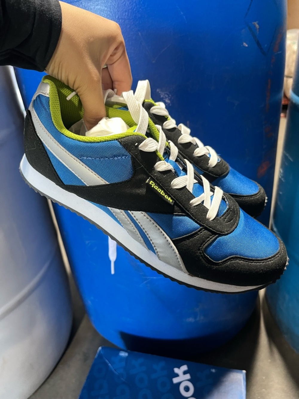 Reebok Men’s Blue, Black & White Retro Runner Sneakers with Green Lining